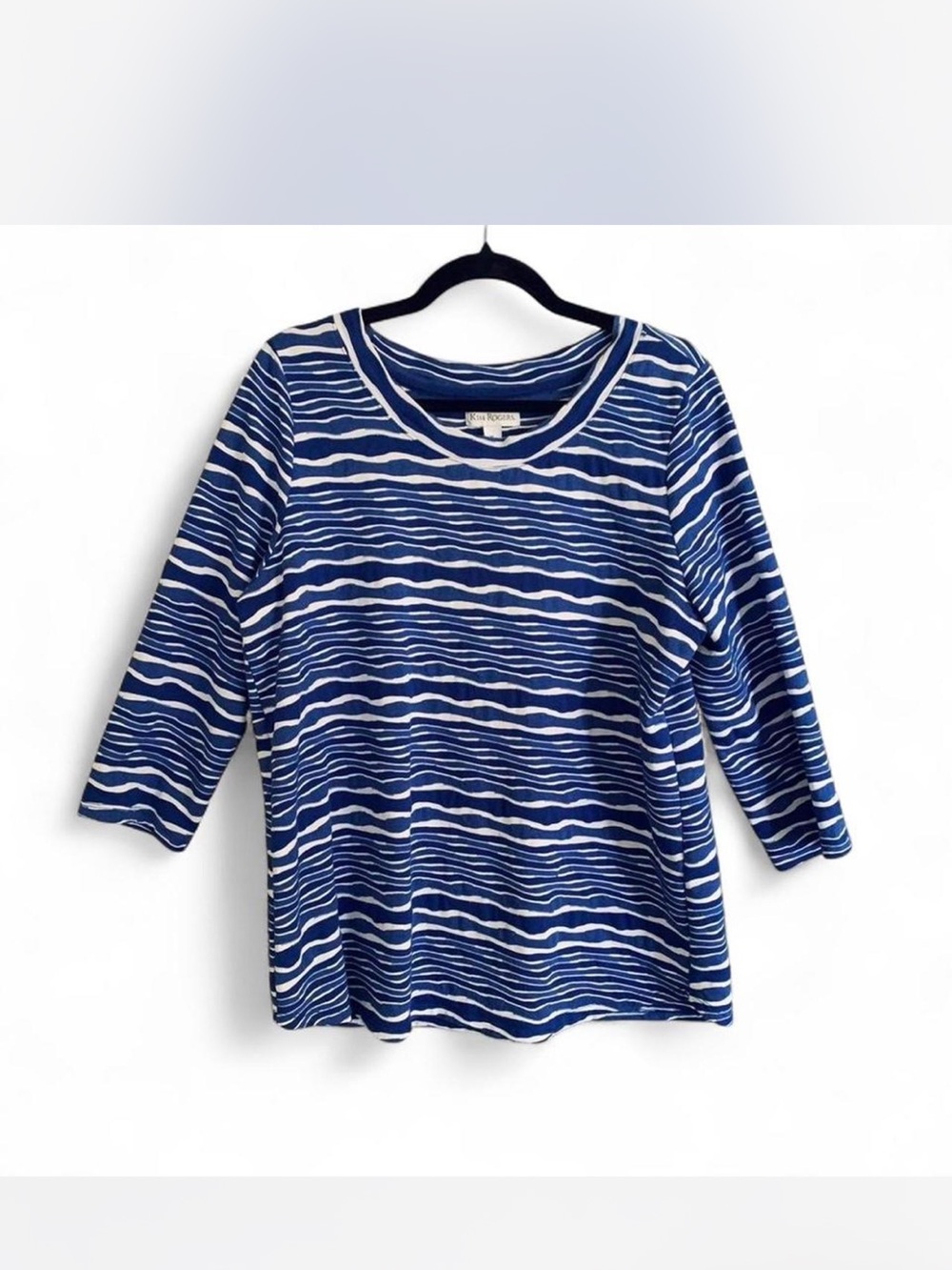 Cottage Nautical Kim Rogers Blue and White Wave-Stripe Long Sleeve Top size XL